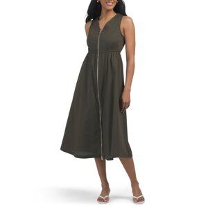 MIAN ARMY GREEN Made In Italy Front Zip Utility Midi Dress